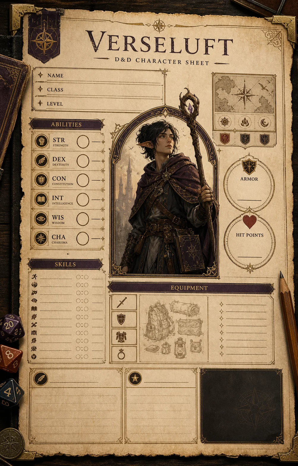 Verseluft D&D character sheet with an adventurer portrait, ability scores, skills, armor, hit points, and equipment panels