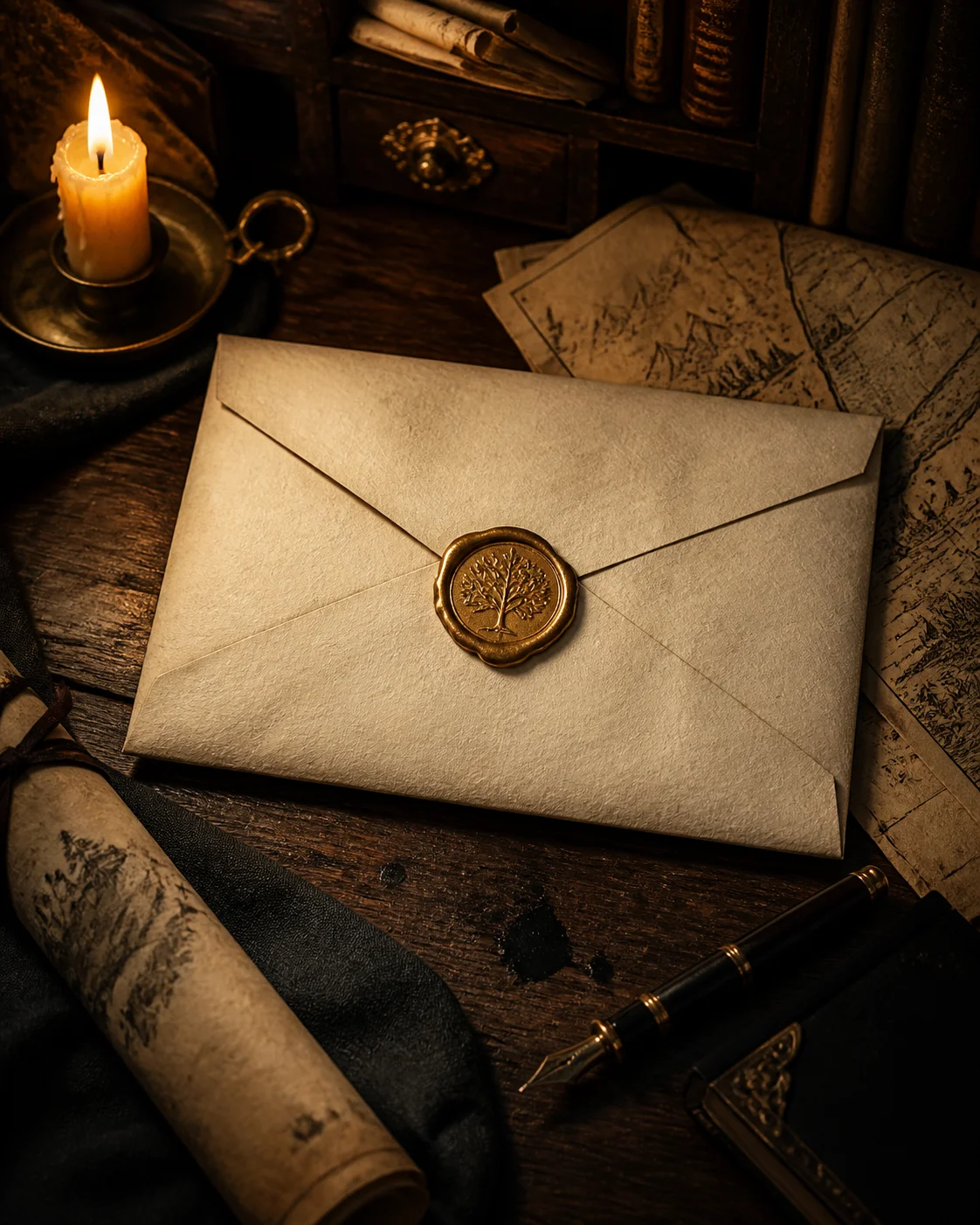 Gold-sealed dispatch on a dark oak desk